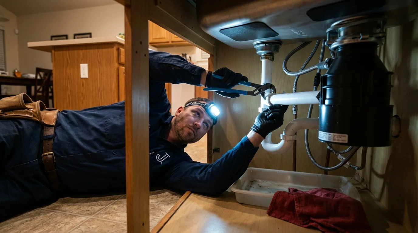 P-trap and supply line connections under a kitchen sink showing a common leak point in Waianae, HI